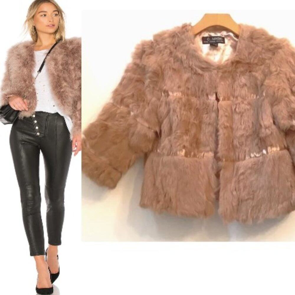 Rabbit Fur PEA COAT Cropped Jacket Jrs Sz L Lt Brown Topper Prom Glam 3/4 Sleeve